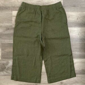 Whistles 100% Linen Wide Leg Crop Pants Womens 14 Olive Green Elastic Waist Soft